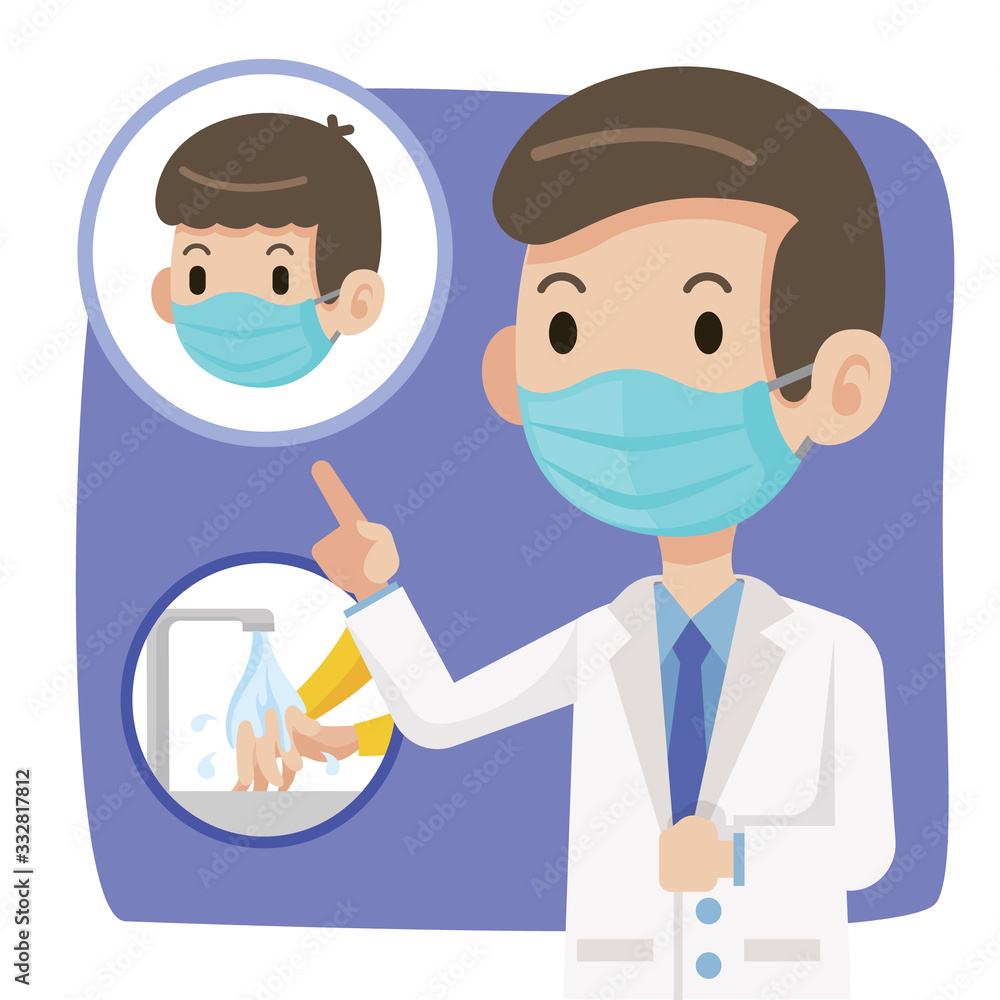 Doctor wearing protective surgical mask and advise people to wear surgical mask and washing hands to protect against virus coronavirus Covid-19 - vector character Doctor wearing protective surgical mask and advise people to wear surgical mask and washing hands to protect against virus coronavirus Covid-19 - vector character