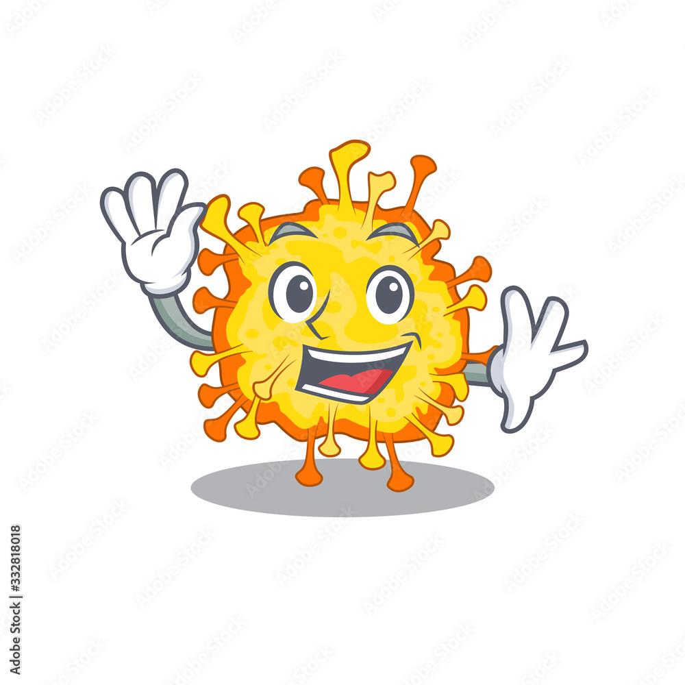 Smiley minacovirus cartoon mascot design with waving hand