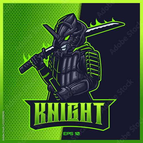 Dark Samurai grab sword esport and sport mascot logo design in modern illustration concept for team badge, emblem and thirst printing. Ninja illustration on Light Green Background. Vector illustration