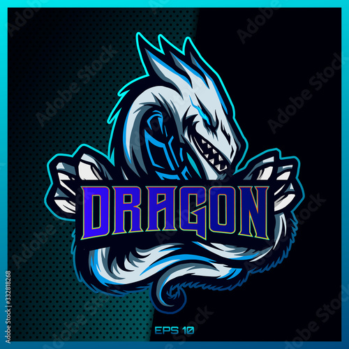 White Dragon esport and sport mascot logo design in modern illustration concept for team badge, emblem and thirst printing. White dragon illustration on dark Light Blue Background. Vector illustration