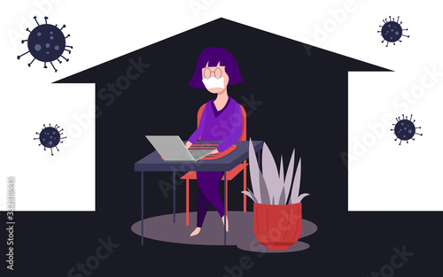 shelter in place concept. work from home  during the coronavirus outbreak. stay at home and social distancing to avoid virus pandemic spreading. man working with wearing medical mask. 