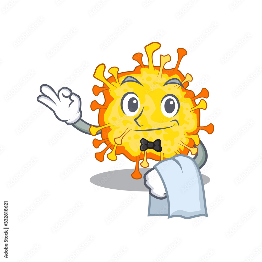 A design of minacovirus cartoon character working as waiter A design of minacovirus cartoon character working as waiter