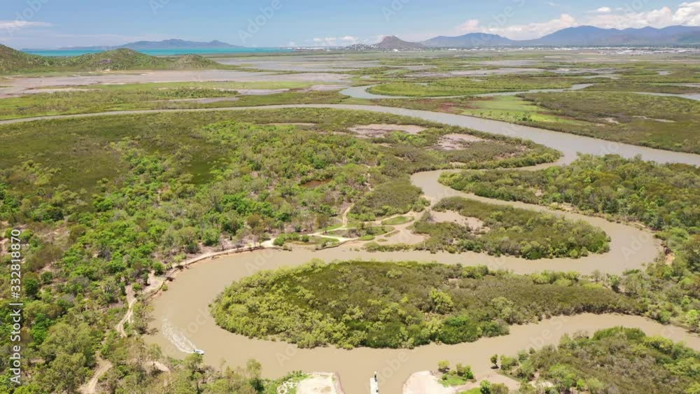Overflight of tropical mangroves with boat Overflight of tropical mangroves with boat