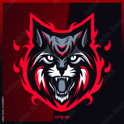 Angry Grey Lynx roaring esport and sport mascot logo design in modern illustration concept for team badge emblem and thirst printing. Grey Lynx illustration on Dark Red Background. Vector illustration