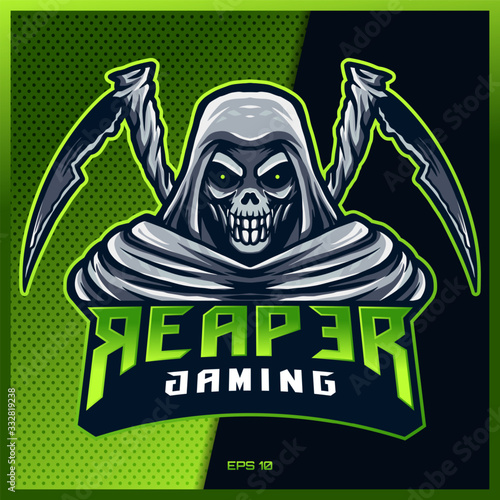 White Reaper two Schiete esport and sport mascot logo design in modern illustration concept for team badge, emblem and thirst printing. Reapers illustration on Green Background. Vector illustration