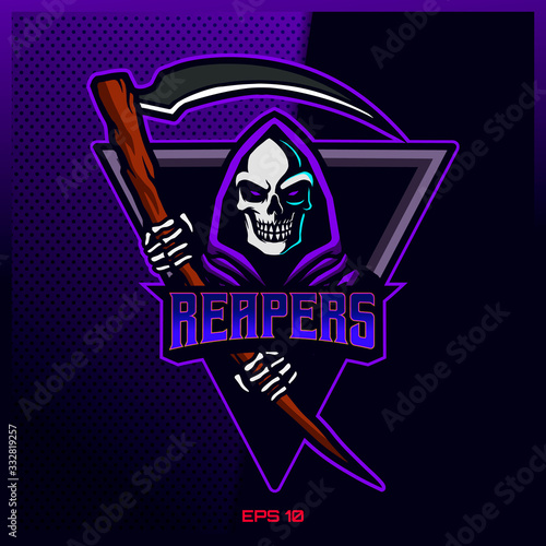 Purple Reapers one Schiete esport and sport mascot logo design in modern illustration concept for team badge, emblem and thirst printing. Reapers illustration on Purple Background. Vector illustration
