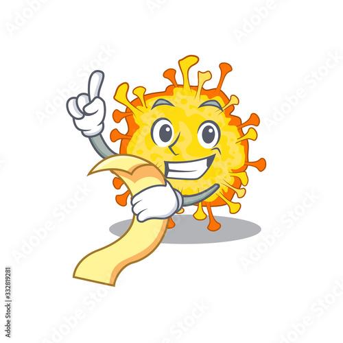 cartoon character of minacovirus holding menu ready to serve