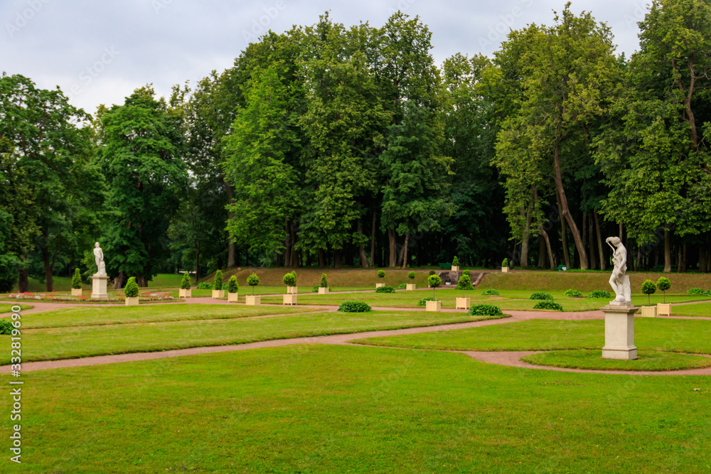 View of lower Dutch garden with marble statues in Gatchina park, Russia