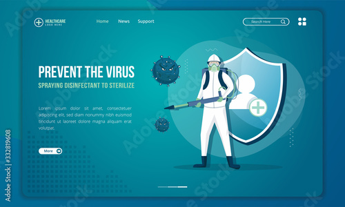 People with disinfectant sprayers to sterilize the virus on landing page