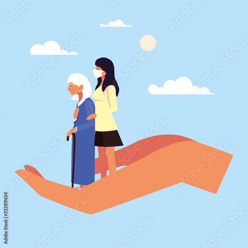 young takes care of old woman, caring for the elderly