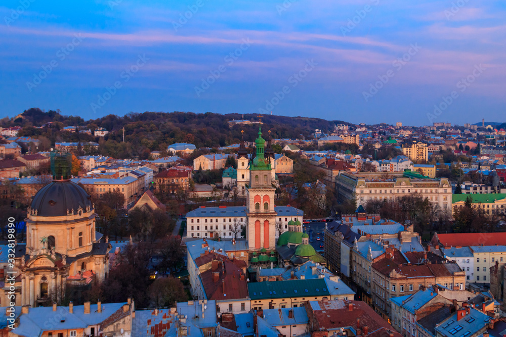 Aerial view of Dominican cathedral, Assumption church and historic center of Lviv, Ukraine. Lvov cityscape. View from Lviv Town Hall