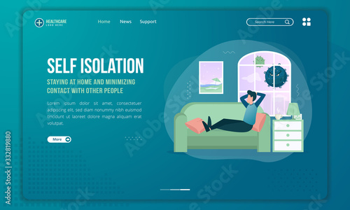 Flat illustration of staying at home or self isolation on landing page template