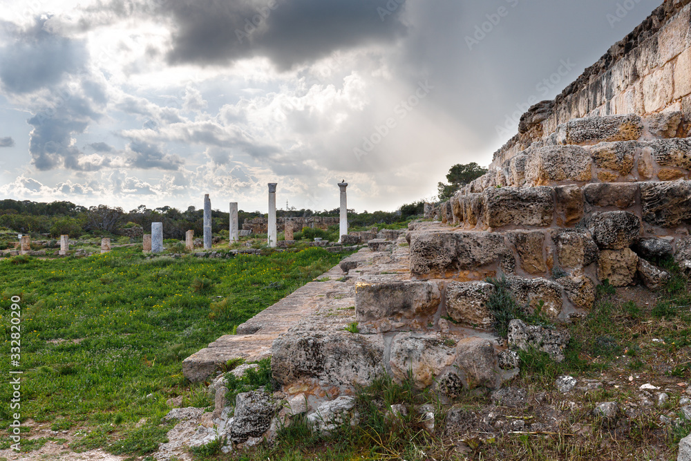 ruins of ancient Greek cities, columns, statues, ancient wall stones found on excavations, as well as in Cyprus in the city of Salamis