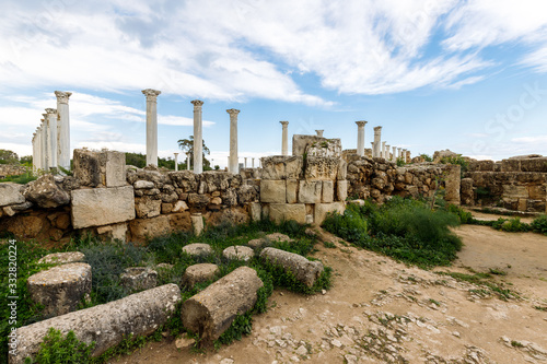 ruins of ancient Greek cities, columns, statues, ancient wall stones found on excavations, as well as in Cyprus in the city of Salamis