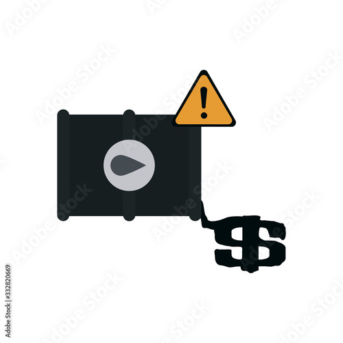 spilled oil barrel with warning sign and money symbol icon, flat style