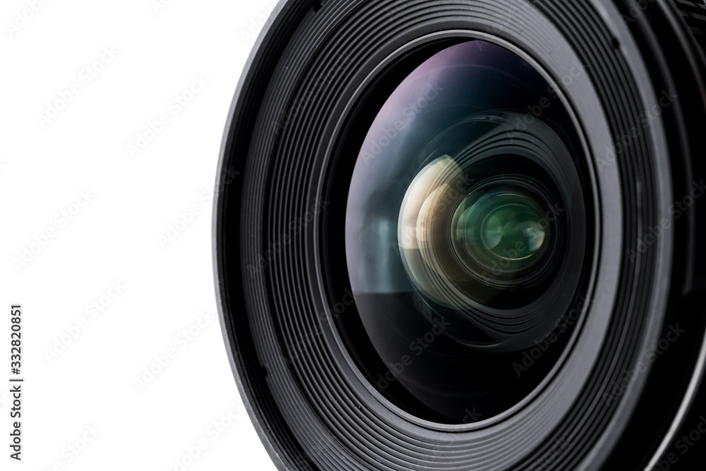 Close up of camera lens with a white background. Close up of camera lens with a white background.