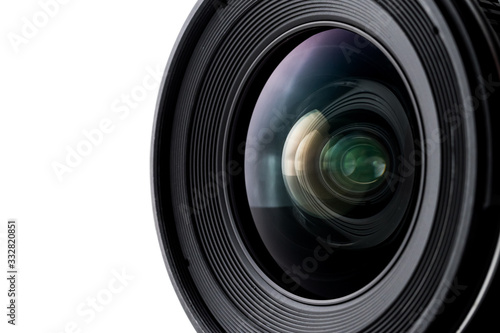 Close up of camera lens with a white background.