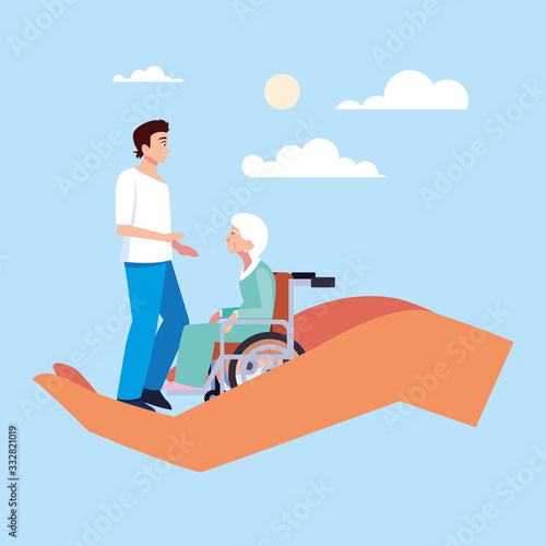 young man take care of old woman, caring for the elderly