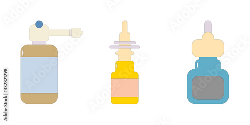 Medical Spray vector set isolated on white background. Pharmaceutical medicine and drop for colds, flu, cough medications: sprays and drops in the nose, throat sprays. Pneumonia and COVID-19 treatment