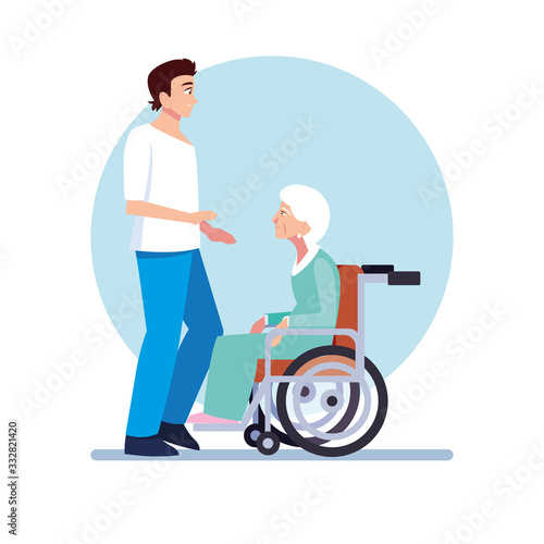young man take care of old woman