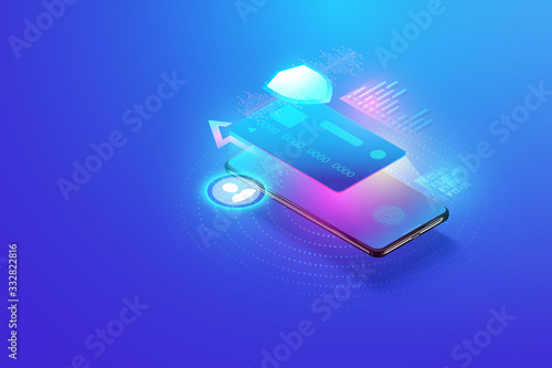 Secure online payment transaction with smartphone. Internet banking via credit card on mobile. Protection shopping wireless pay through smartphone isometric concept.