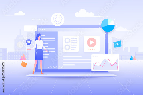 Flat design of Web development, User interface application design, coding and programming on laptop concept with programming language and program code and layout on screen vector illustration. © StockStyle