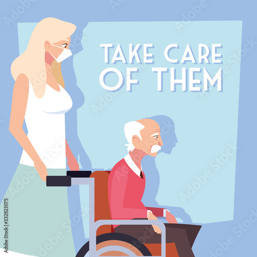 woman take care of old man, label take care of them