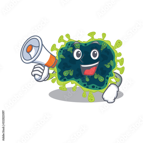 An icon of beta coronavirus holding a megaphone