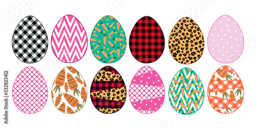 .Mixed pattern eggs collection.  Leopard, buffalo plaid, polka dots, carrot pattern, zigzag ,etc. Easter design elements...