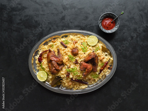 Arabic traditional food bowls Kabsa with meat