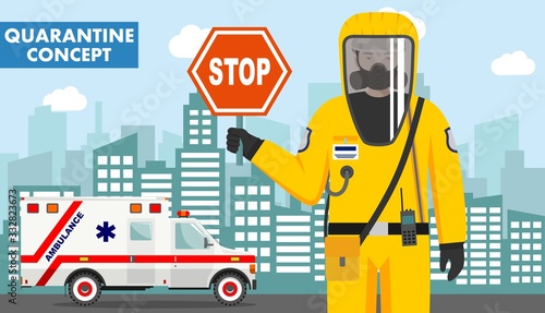 Quarantine and medical concept. Detailed illustration of emergency doctor in protective suit and mask on background with ambulance car and cityscape. Virus, infection, epidemic. Vector illustration.