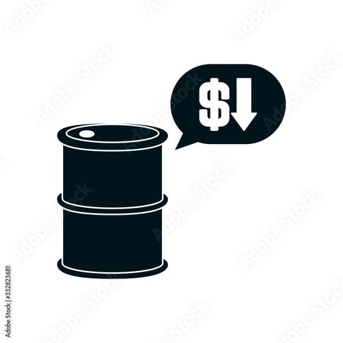 oil barrel with speech bubble with money symbol and arrow down icon, silhouette style