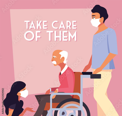 people take care of old man in wheelchair, label take care of them