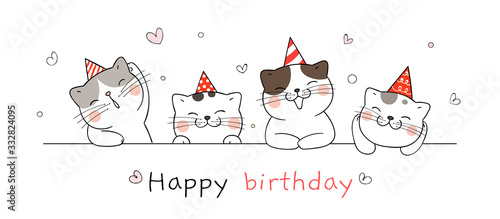 Obraz na plátně Draw banner cute cat for happy birthday.
