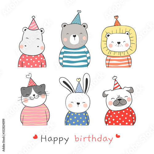 Draw collection cute animal with party hat for birthday.