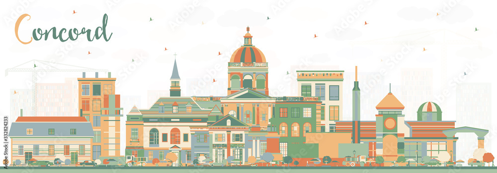 Concord New Hampshire City Skyline with Color Buildings.