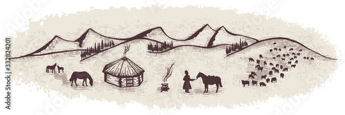 Sketch on the topic of life in Altai, cattle breeding and traditional nature use, vector illustration