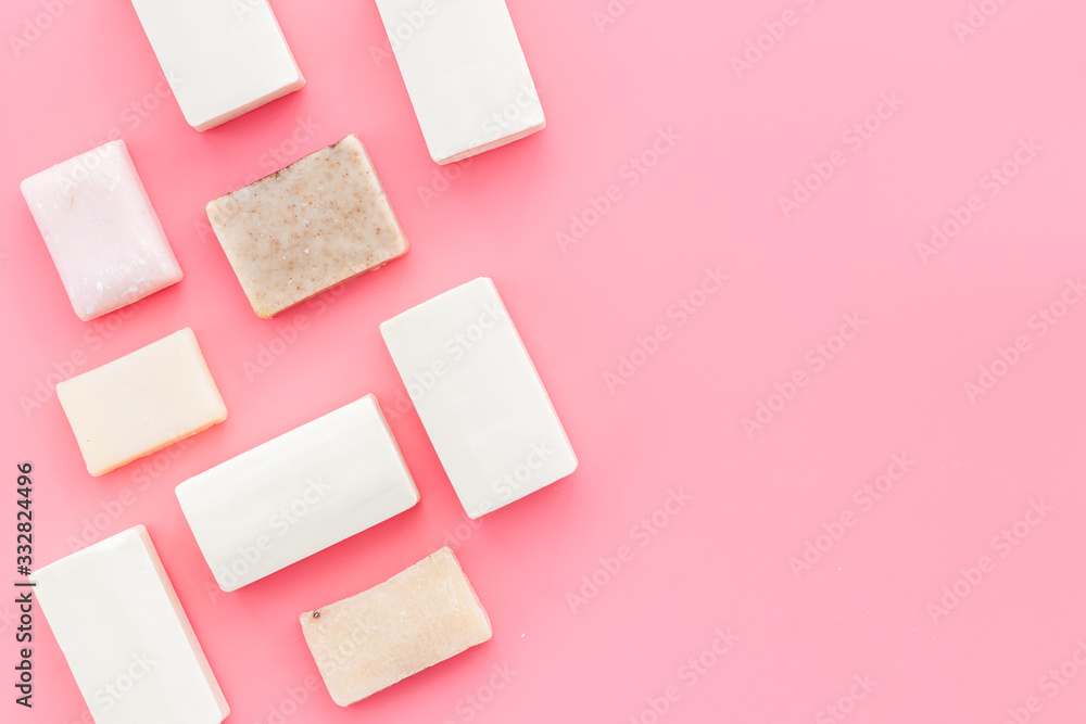 Soap bars flat lay on pink background top-down copy space frame Soap bars flat lay on pink background top-down copy space frame