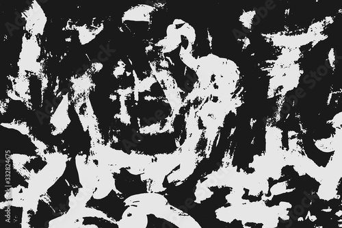 Abstract black white image with long and short intermittent lines made by brush. A monochrome image drawn by hand. Dirty shabby smears of black paint. Vector eps illustration.