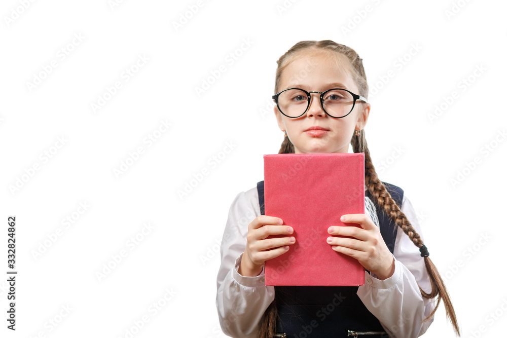 Cute Schoolgirl with book on white background Cute Schoolgirl with book on white background