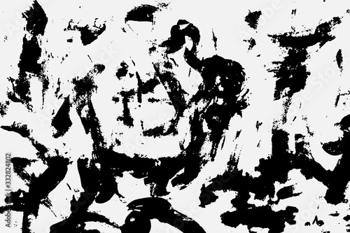 Abstract black white image with long and short intermittent lines made by brush. A monochrome image drawn by hand. Dirty shabby smears of black paint. Vector eps illustration.