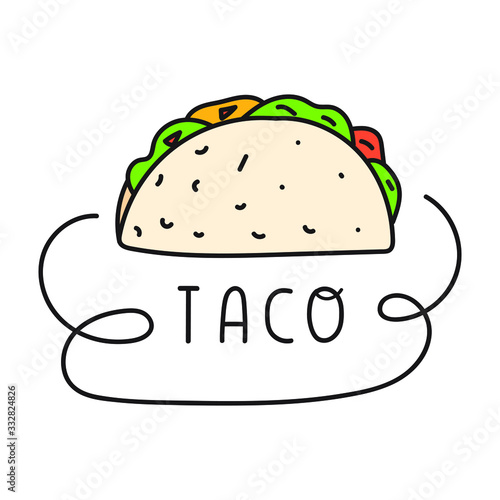 Mexican traditional food - taco. Vector hand drawn badge illustration. Concept for cafe, restaurant.