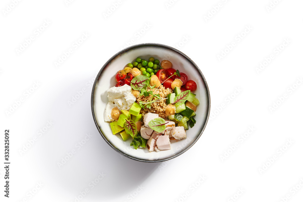 Couscous with chiken and avocado top view Couscous with chiken and avocado top view