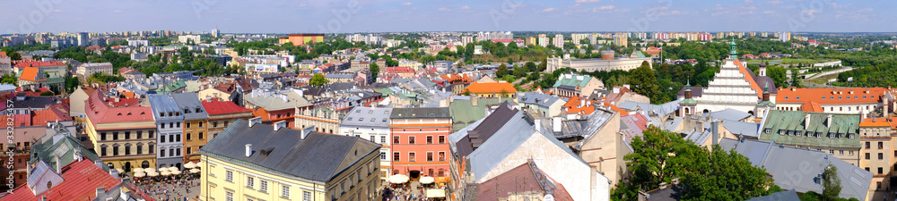 Lublin, Poland - Panoramic view of old town quarter with market square and historic XVI century High Royal Court building - Trybunal Glowny Koronny