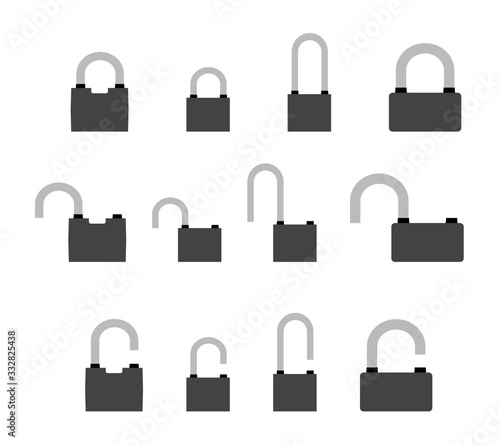 set of locks in open and closed position in black white style on a white background. Isolated vector
