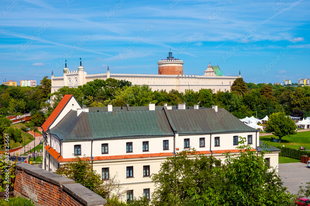 Lublin, Poland - Panoramic view of defense walls and Romanesque Keep of the medieval Lublin Castle royal fortress in historic old town quarter