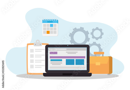 laptop computer with business set icons vector illustration design