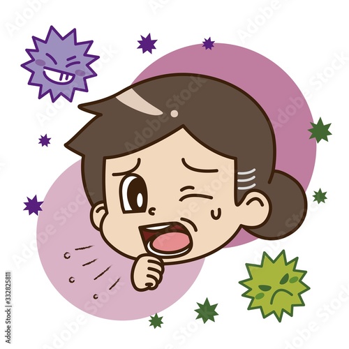 咳をする中年女性とウイルスのイラスト