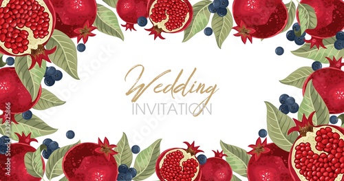 Wedding invitations with pomegranate and leaves. Composition for a wedding or greeting card. Design element for wedding,
 birthday, natural and eco cosmetics. Can be used for a poster, invitation , or