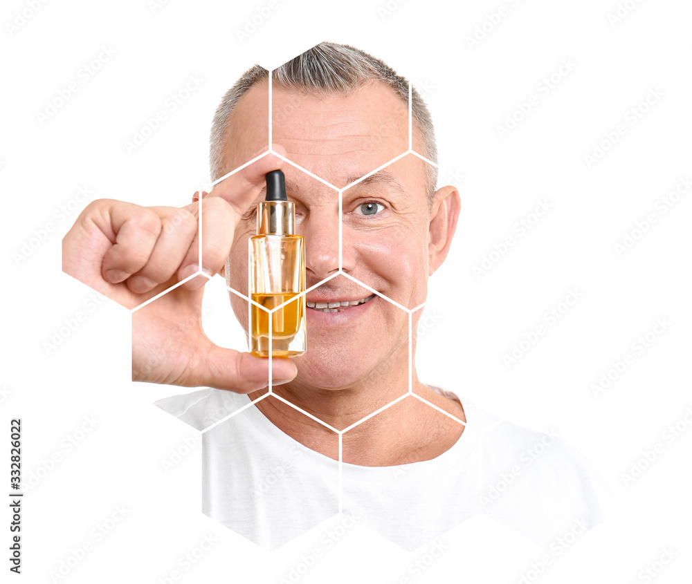 Handsome middle-aged man with bottle serum for skin care on white background Handsome middle-aged man with bottle serum for skin care on white background